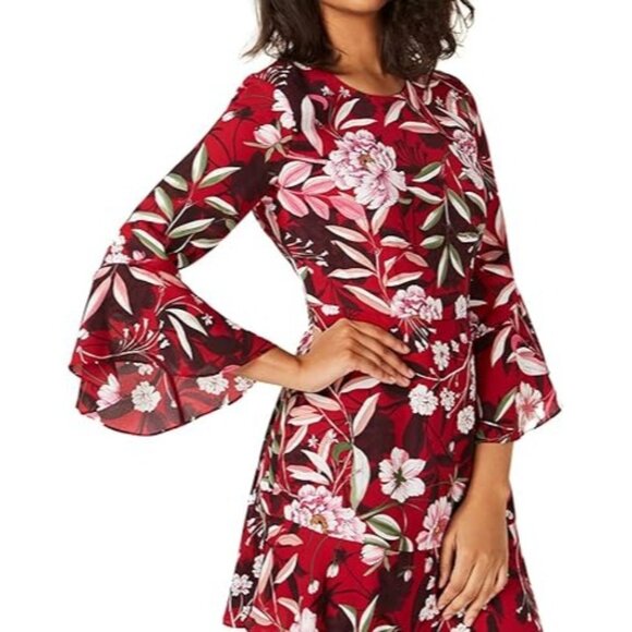 Bar III Women's Mini Dress Floral Printed Bell-Sleeve Garden Meeting Red Size 12 - Picture 1 of 2